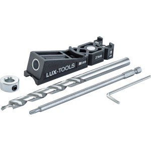 LUX Taschenloch-Bohrschablone Set, 4-teilig mit Bohrer, Bit, Inbus und Tiefenanschlag.