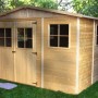 Timbela Gartenhaus M336 aus Holz, 11,97 m², mit Fenstern, ohne Boden. Unbehandeltes Holzhaus im Garten.