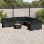 Schwarze 11-tlg. vidaXL Garten-Sofagarnitur aus Poly Rattan mit Kissen und Akazientisch.