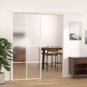 Weiße Schiebetür aus mattiertem ESG-Glas mit Aluminiumrahmen, 90x205 cm, als stilvoller Raumteiler.