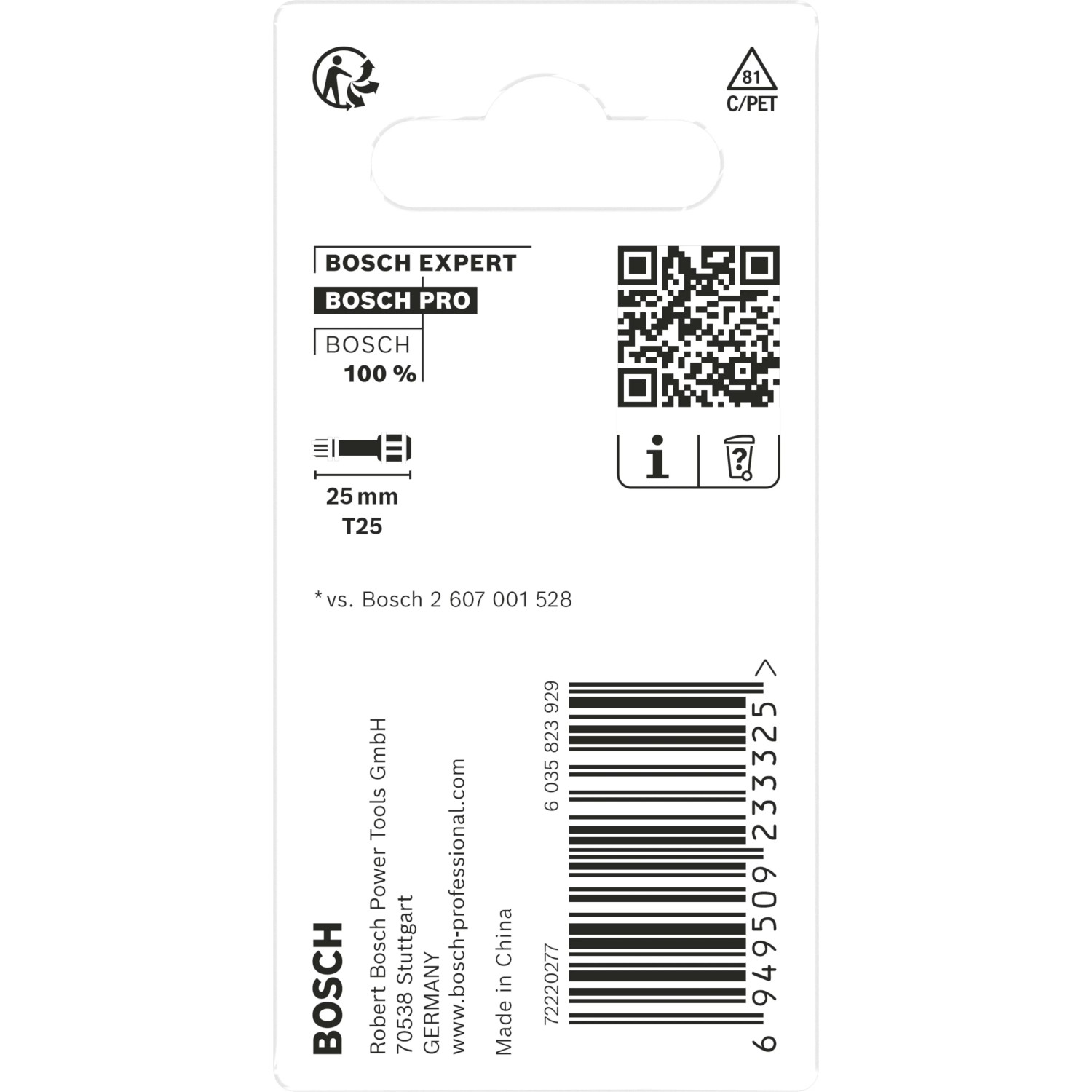 Verpackung der Bosch T25-Schrauberbits Impact Control 2-teilig. Robustes Bitset für Schlagschrauber, 25mm T25.