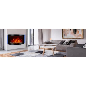 Schwarzer El Fuego Elektrokamin Davos mit LED-Beleuchtung im Wohnzimmer.