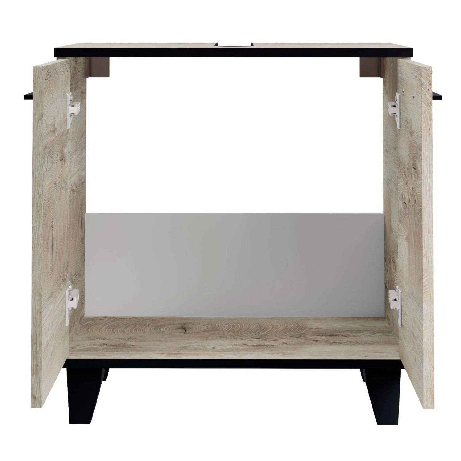 Fackelmann Waschbeckenunterschrank TE-A in Nature Oak, offene Türen, schwarze Füße.