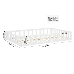 Weißes Homestyle4u Kinderbett 120x200 cm mit Rausfallschutz, Lattenrost und Matratze.