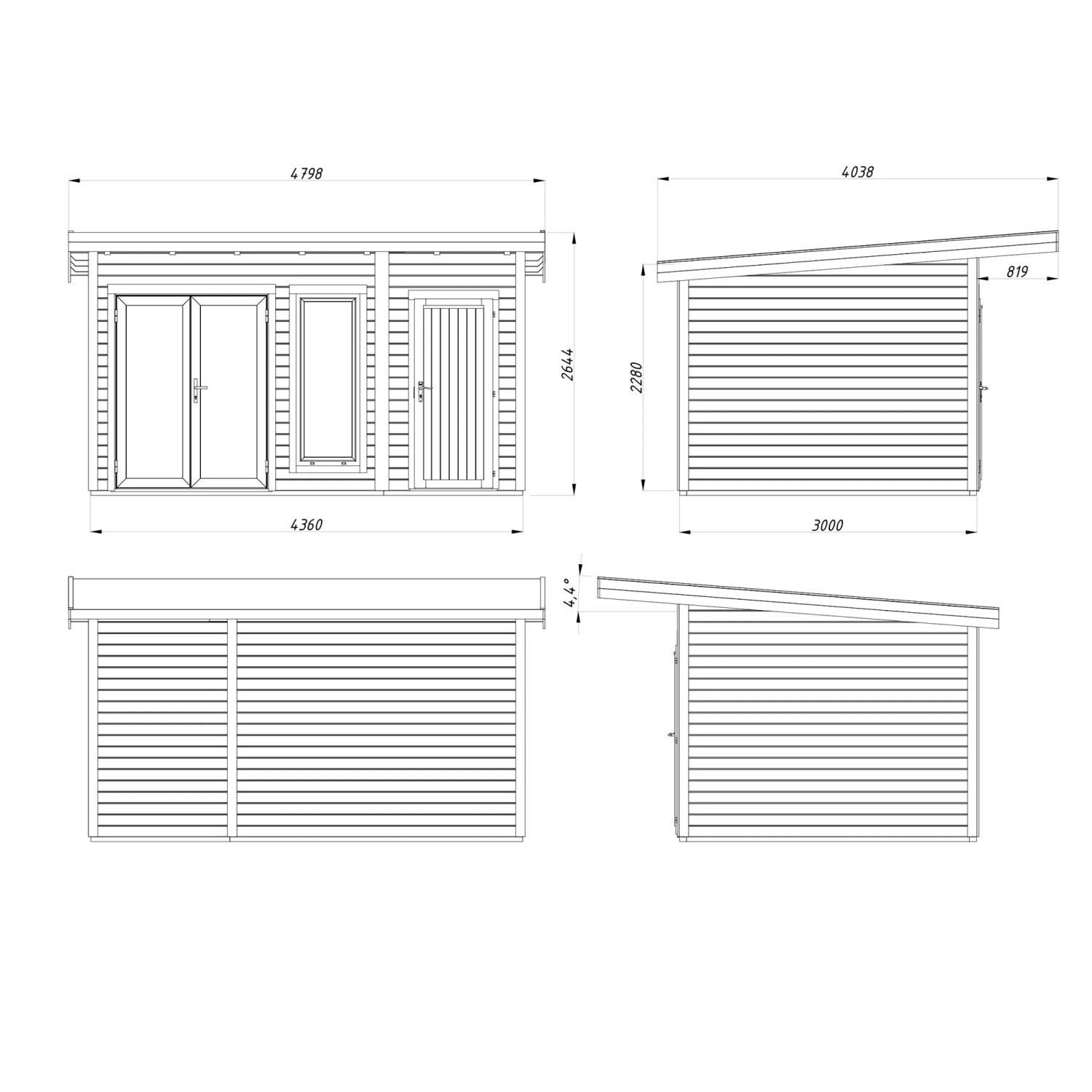 Technische Zeichnung Palmako Holz-Gartenhaus Pultdach, Maße und Ansichten des Hauses.