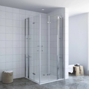 Aquabatos Badezimmer Falttür 6mm ESG Duschabtrennung NANO Duschkabine mit Festteilen und Duschablagen 95 x 110 x 197 cm