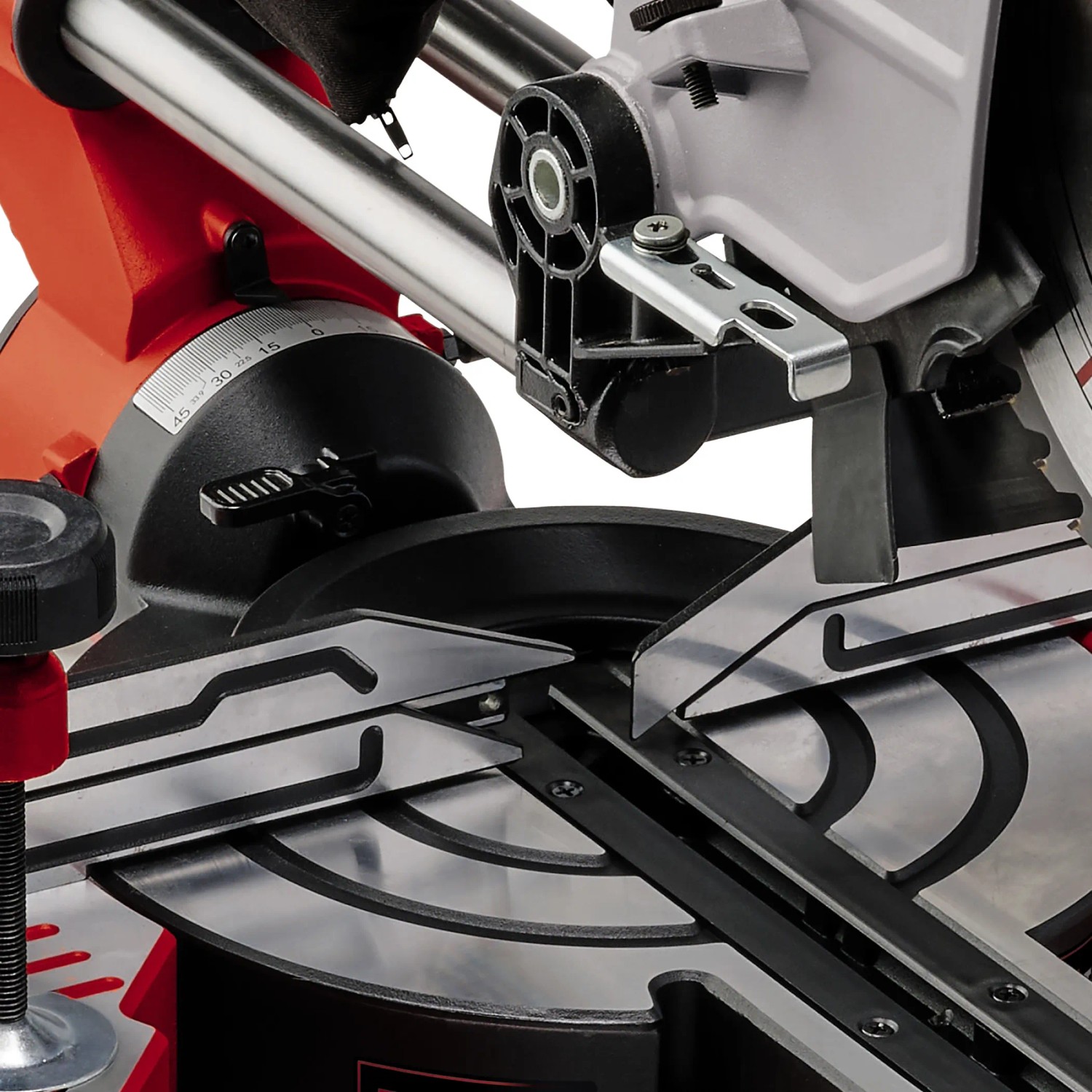 Detailaufnahme der Einhell Zug-Kapp-Gehrungssäge TE-SM 10 L Dual, Sägeblatt und Winkeleinstellung im Fokus.