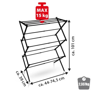 Schwarzer, klappbarer BigDean Wäscheständer als Turm, 3 Ebenen, 101 cm hoch, max. 15 kg Traglast. Platzsparend.