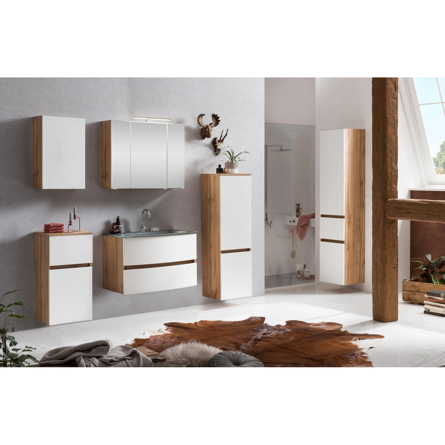 Held Möbel Hochschrank Salerno, 40 cm, matt Weiß und Wotaneiche, Badmöbel