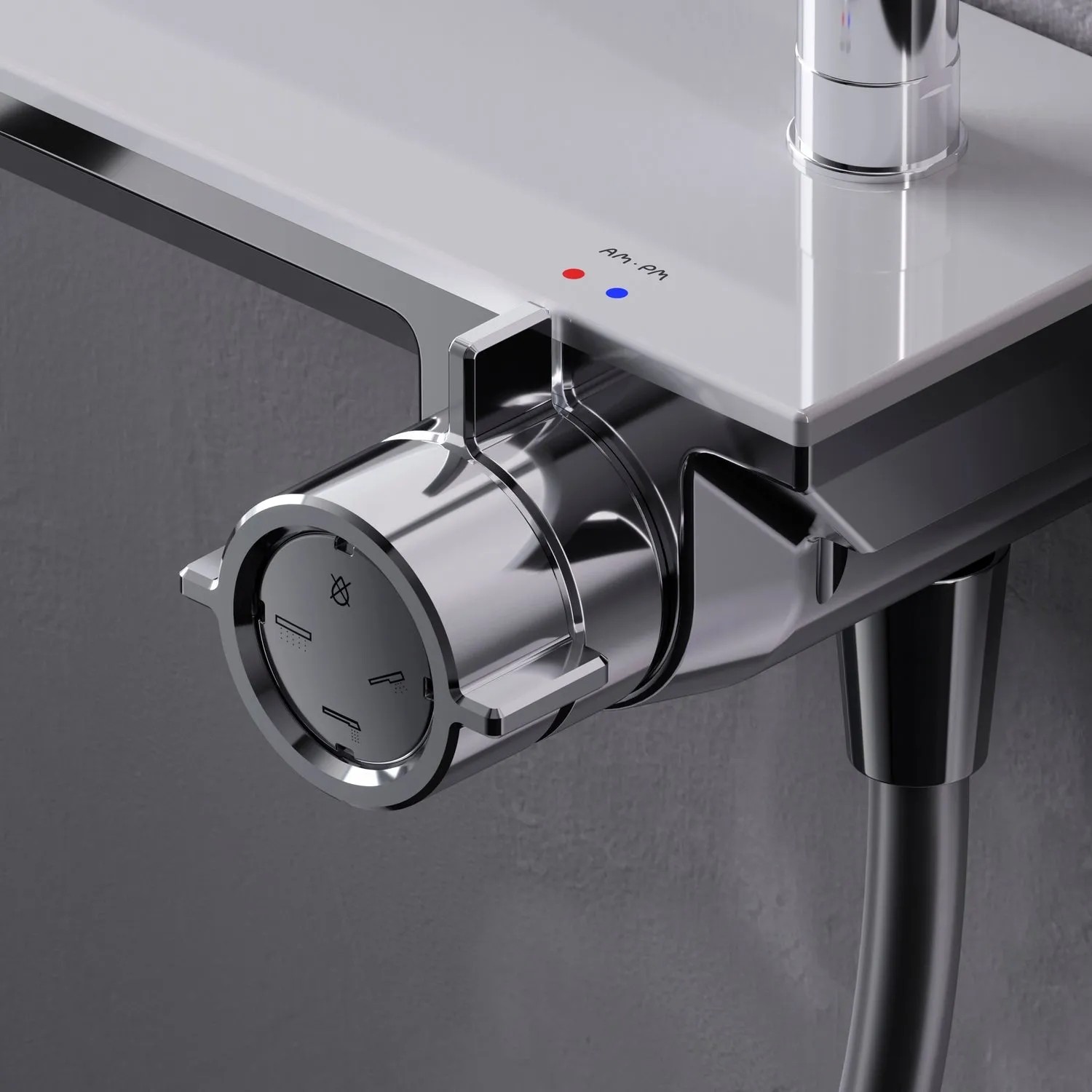 Detailaufnahme des AM.PM Duschsystems mit Regalmischer aus Chrom.