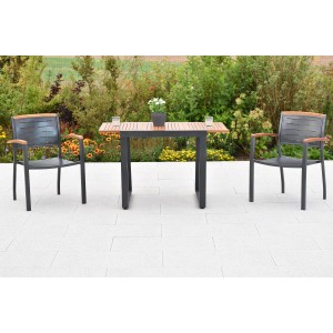 Merxx Tinos 3-tlg. Gartenmöbel-Set mit Stapelsesseln und Ausziehtisch (80/120x70 cm) auf Terrasse.