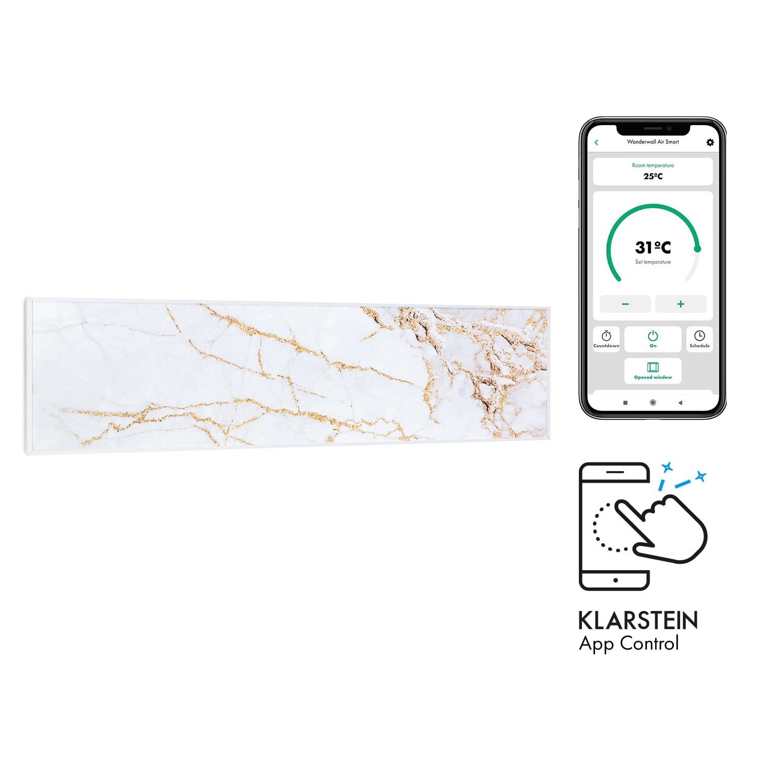 Klarstein Wonderwall Air Art Smart Infrarotheizung 120x30 cm 350 W Wandinstallation App-Steuerung Motiv Marmor Weiß