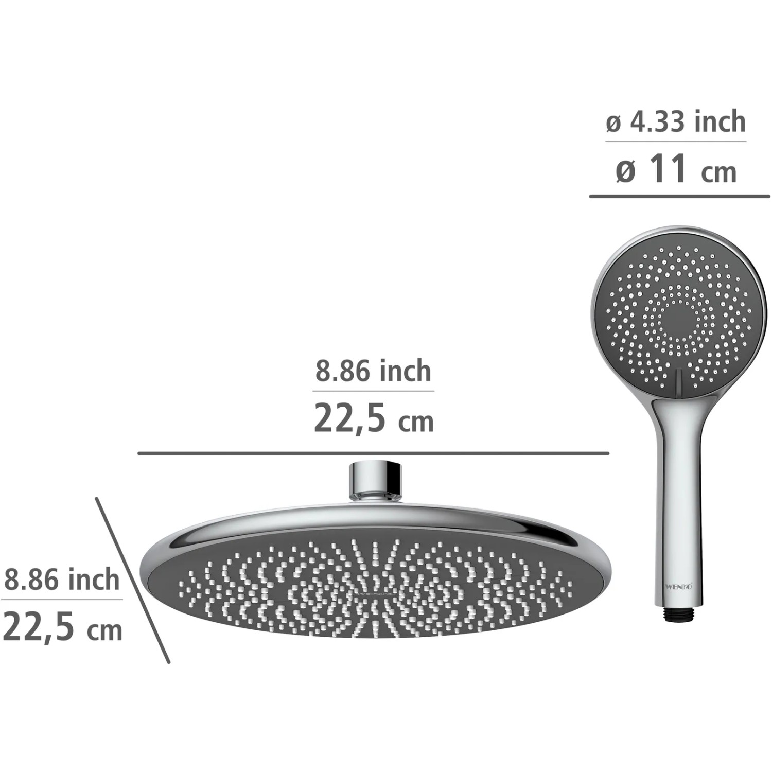 Wenko Duschsystem Watersaving Chrom: Regendusche und Handbrause mit Maßangaben.