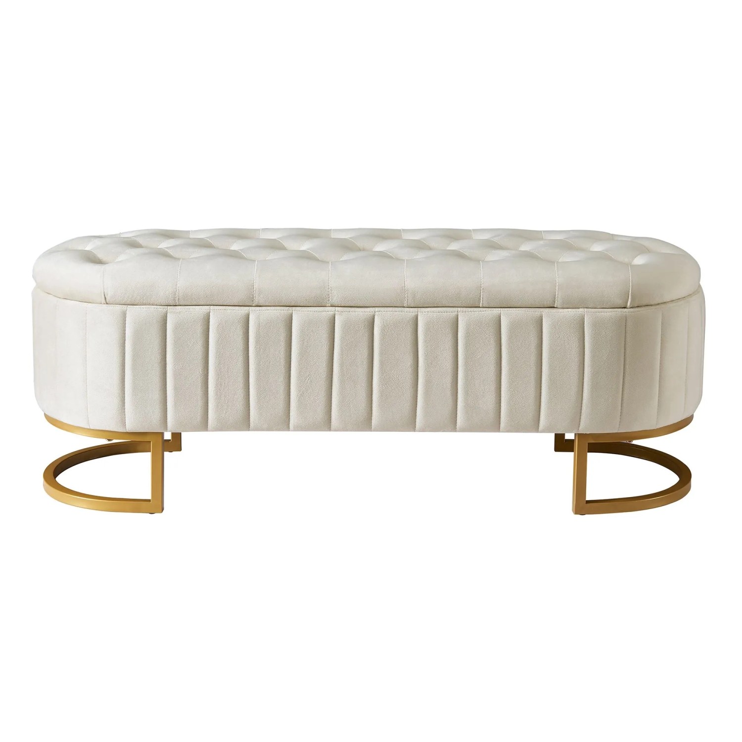 Merax Sitzbank 120x40cm in Beige mit Samtbezug, getuftet, Stauraum und goldenen Metallbeinen.