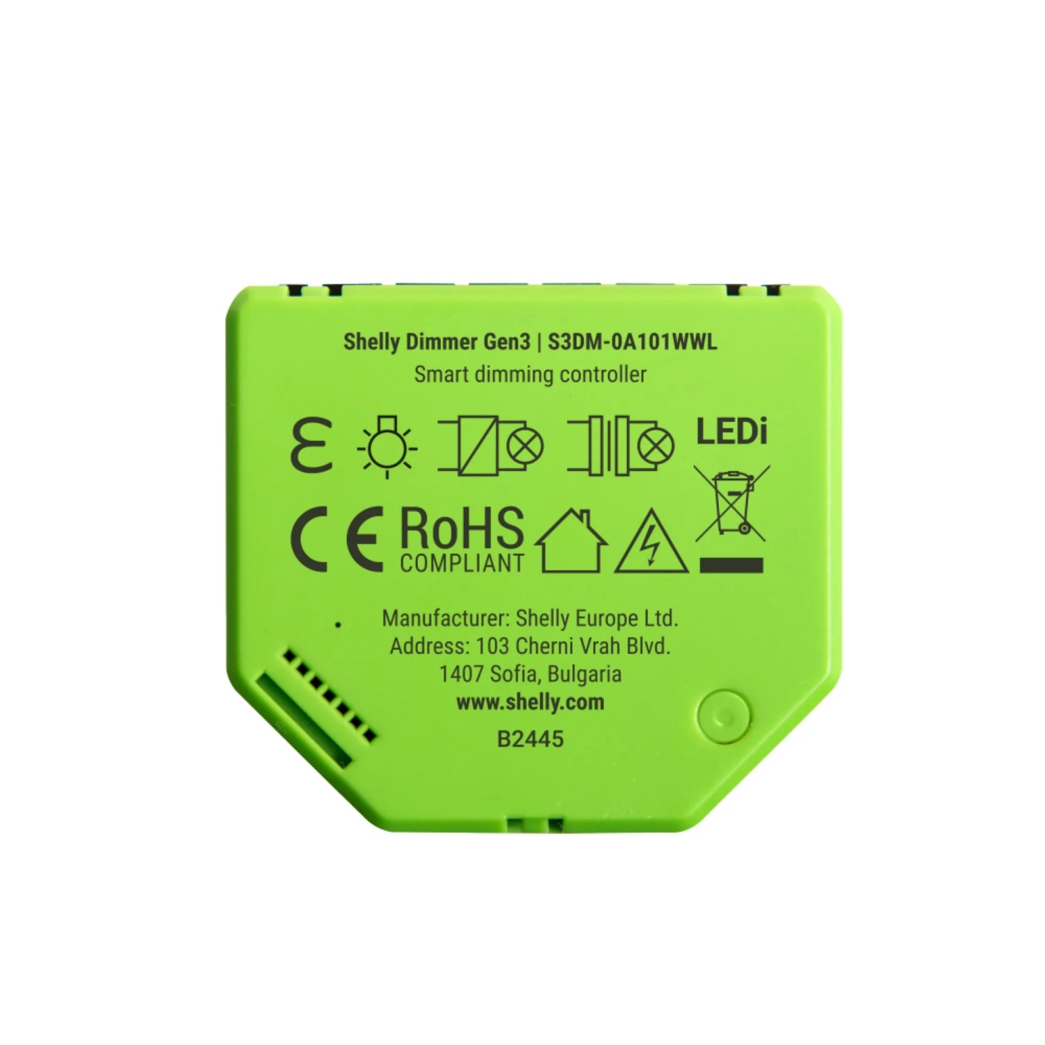 Grüner Shelly Unterputz Dimmer Gen3 für Hausautomation. Smarte Steuerung für dimmbare Leuchten.