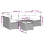 Beige 7-tlg. Garten-Sofagarnitur aus Polyrattan mit Kissen, Maße eingezeichnet.