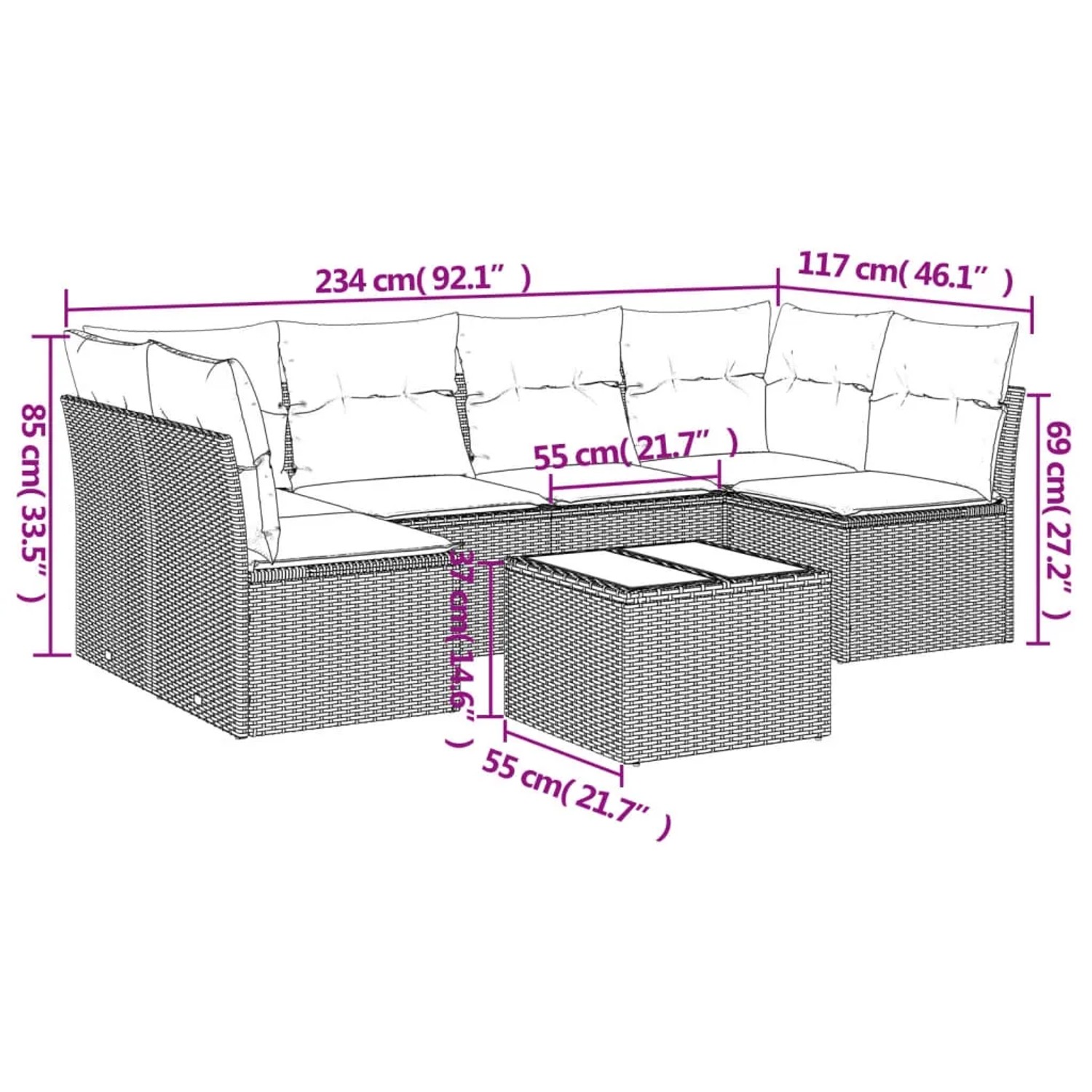 Beige 7-tlg. Garten-Sofagarnitur aus Polyrattan mit Kissen, Maße eingezeichnet.