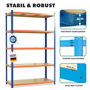 Blau-oranges Schwerlastregal mit 5 Böden, Traglast 875 kg, ideal für Garage und Keller.