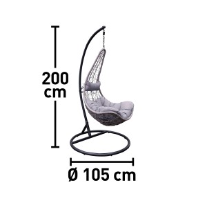 Hängesessel Schwarz-Ecru Rattan mit Stahlgestell und bequemen Auflagen. Entspannung pur im Garten.