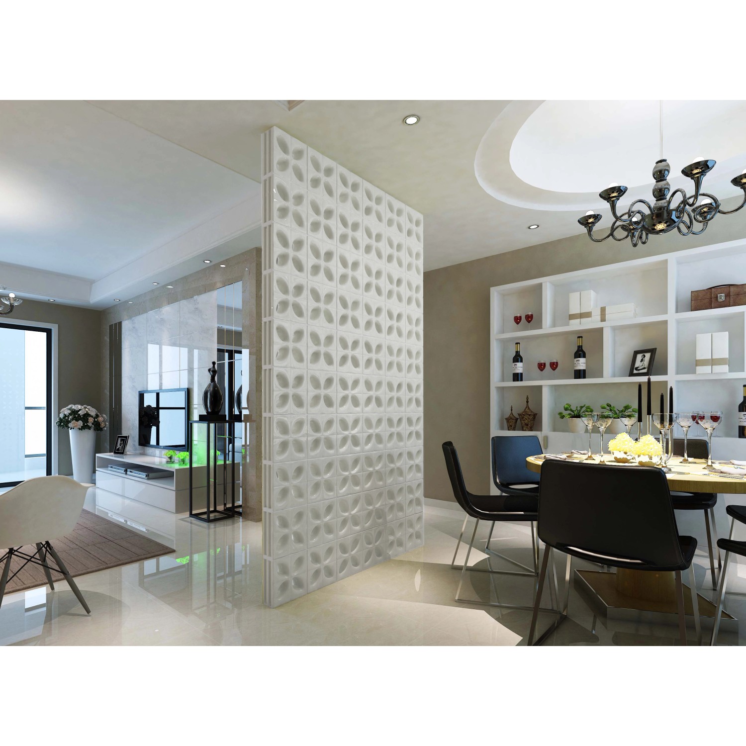 Raumteiler aus weißen Keramiksteinen 'Loop' mit floralem Muster, 19x19x8 cm.