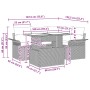 vidaXL 5-teiliges Gartenmöbel Set aus braunem Rattan mit Tisch und Kissen, Maße eingezeichnet.