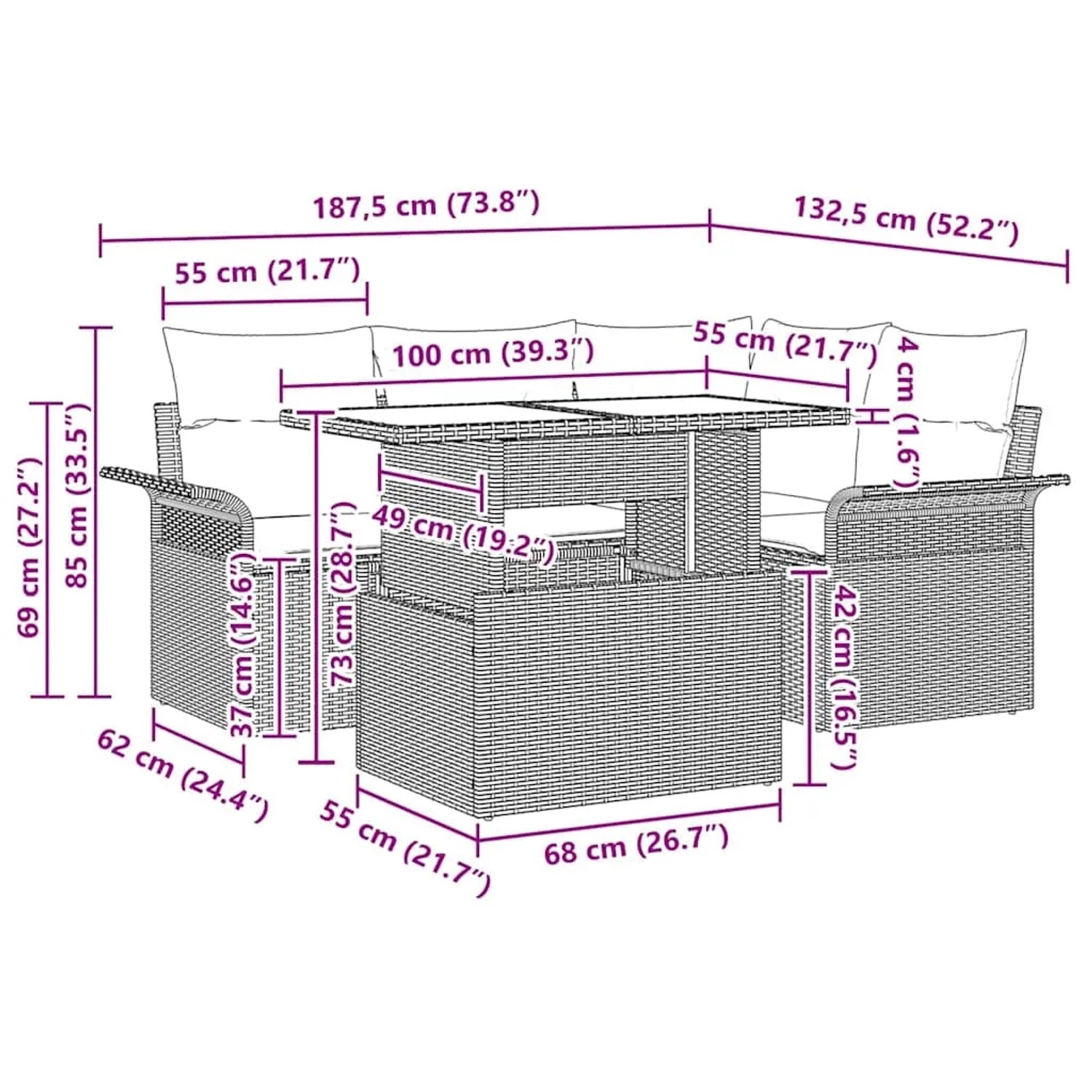 vidaXL 5-teiliges Gartenmöbel Set aus braunem Rattan mit Tisch und Kissen, Maße eingezeichnet.
