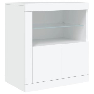 Weißes Sideboard aus Holzwerkstoff mit Glasablage und zwei Türen. Modernes Design, LED-Beleuchtung, Stauraum.