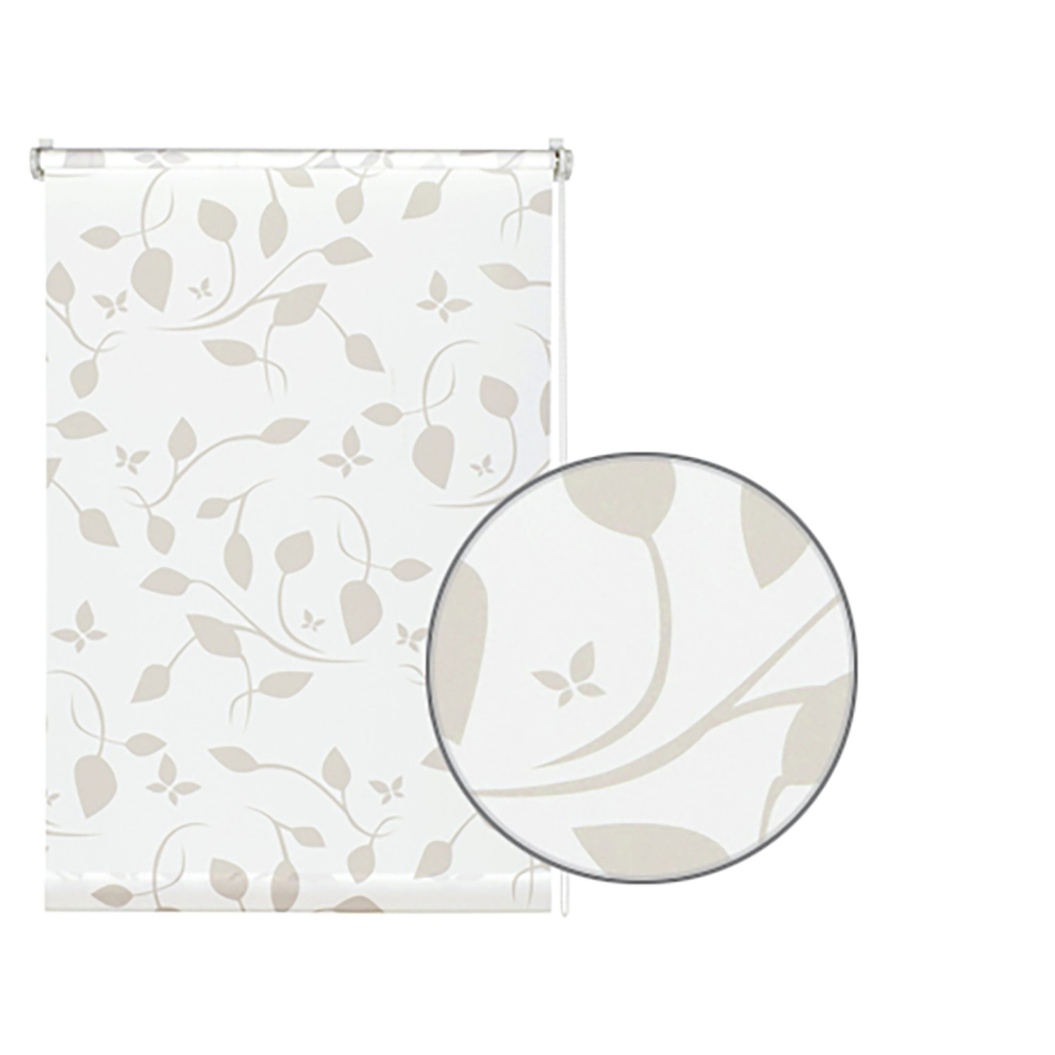 Gardinia Rollo EasyFix Scandinavian, 90x210 cm, weiß-natur mit Blätter-Motiv.