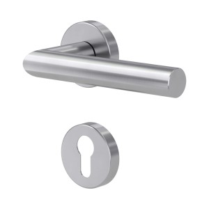 Novadoors Türgriffgarnitur NOVA MIO 120 aus mattem Edelstahl mit L-Form und PZ-Rosette.