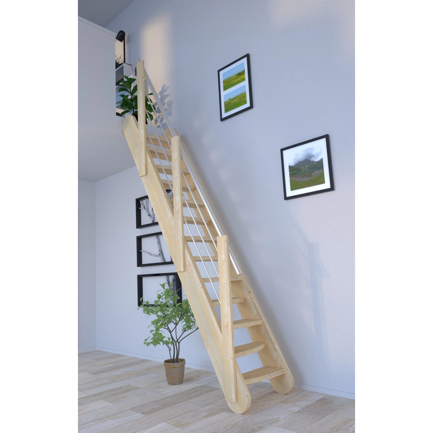 StarWood Treppe Samos Fichte mit Holz-Edelstahlgeländer und verjüngten Stufen im Innenraum.