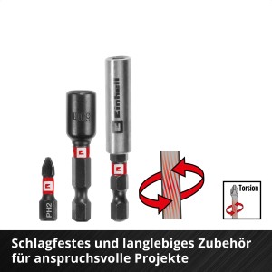 Einhell Bit-Set Zubehör: Bits, Steckschlüssel, Bithalter und Torsionsdarstellung.