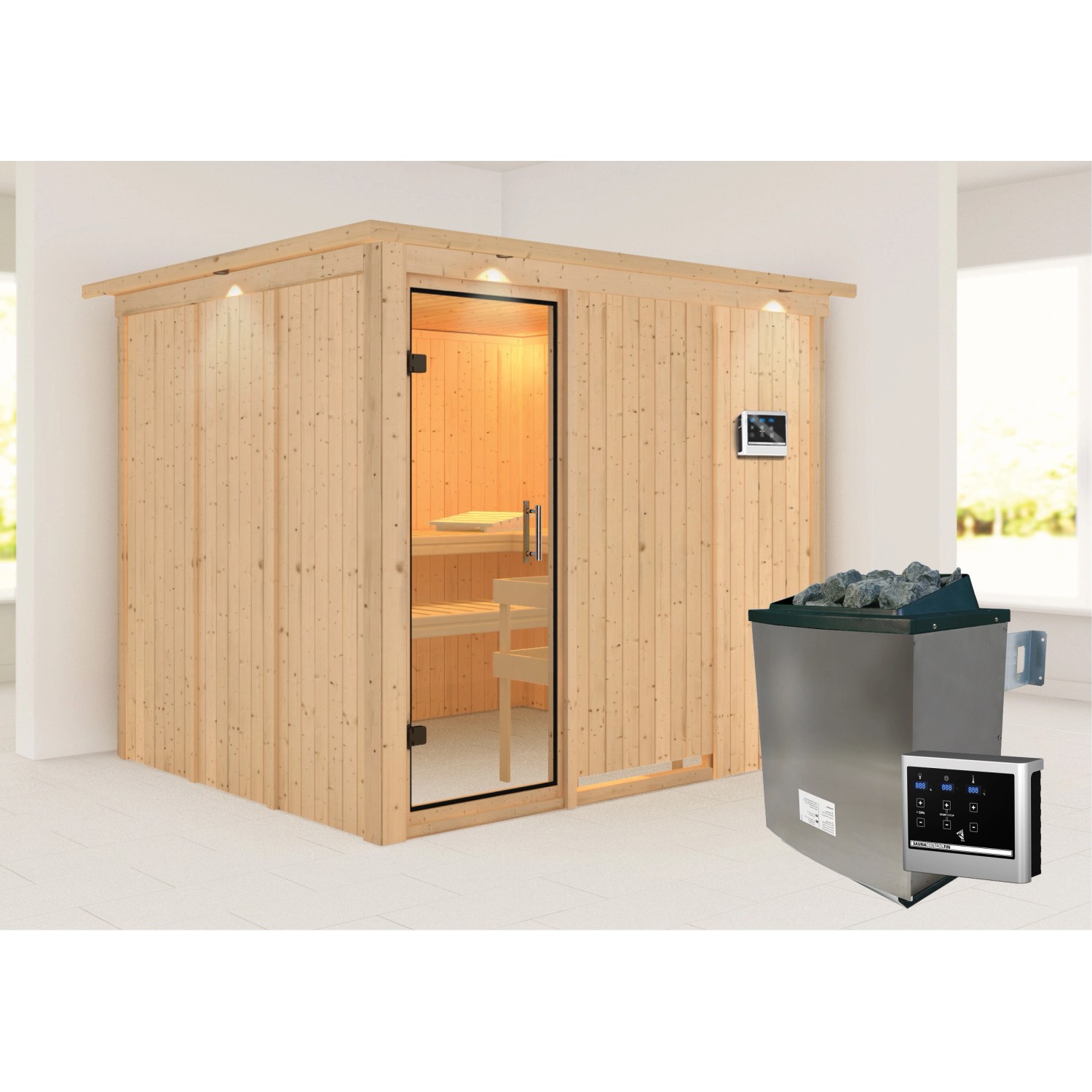 Karibu Sauna Gunda mit Ofen externe Stg.Easy LED-Dachkranz Natur