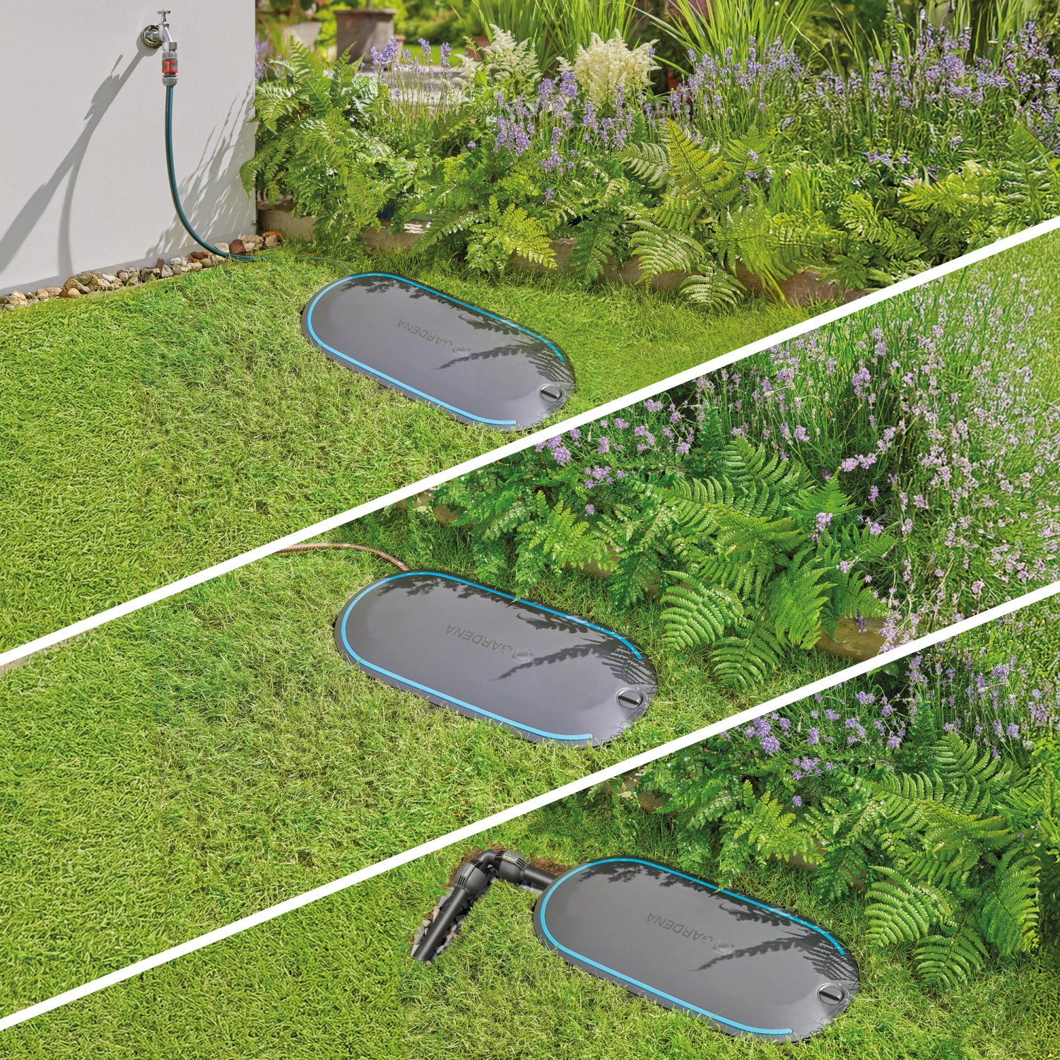 Gardena Undercover Schlauchbox RollUp M Komplettset im Garten installiert.