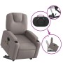 Elektrischer Massagesessel mit Aufstehhilfe, taupefarbener Stoff, Relaxsessel mit Getränkehalter und Fernbedienungstasche.