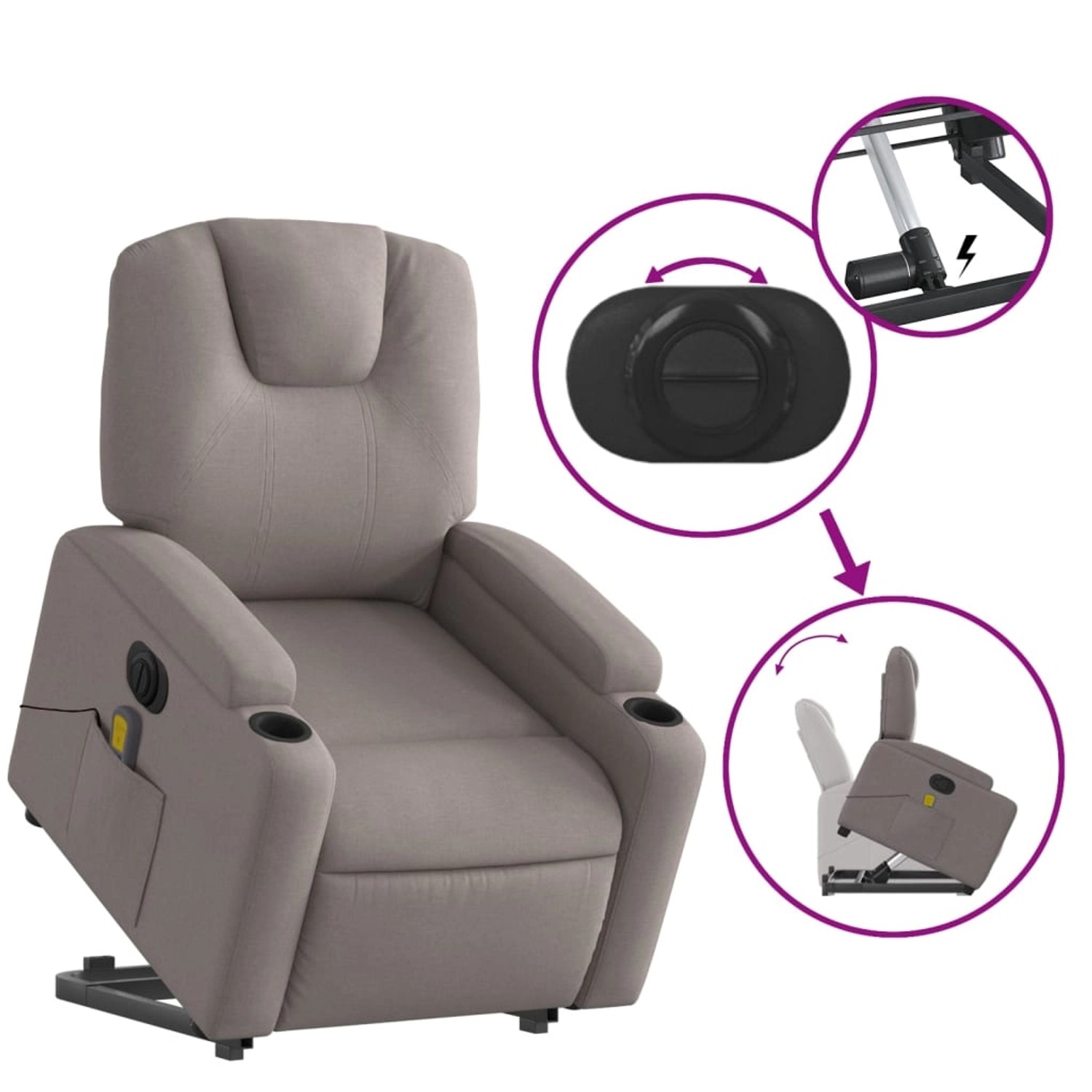 Elektrischer Massagesessel mit Aufstehhilfe, taupefarbener Stoff, Relaxsessel mit Getränkehalter und Fernbedienungstasche.