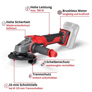 Einhell Axxio 18/125 Akku-Winkelschleifer: Rot-graue Schleifmaschine mit Akku und Zusatzhandgriff.