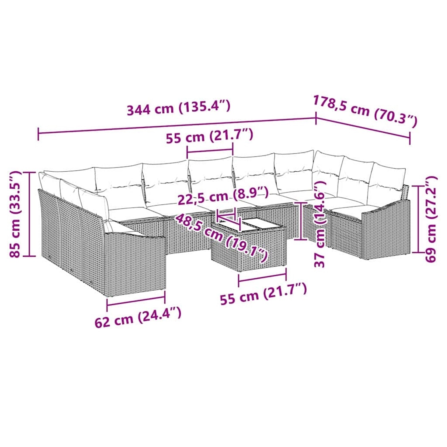 vidaXL Garten-Sofa-Set, 11-teilig, schwarz, Poly Rattan, mit Maßen. Ideal für Terrasse und Garten.