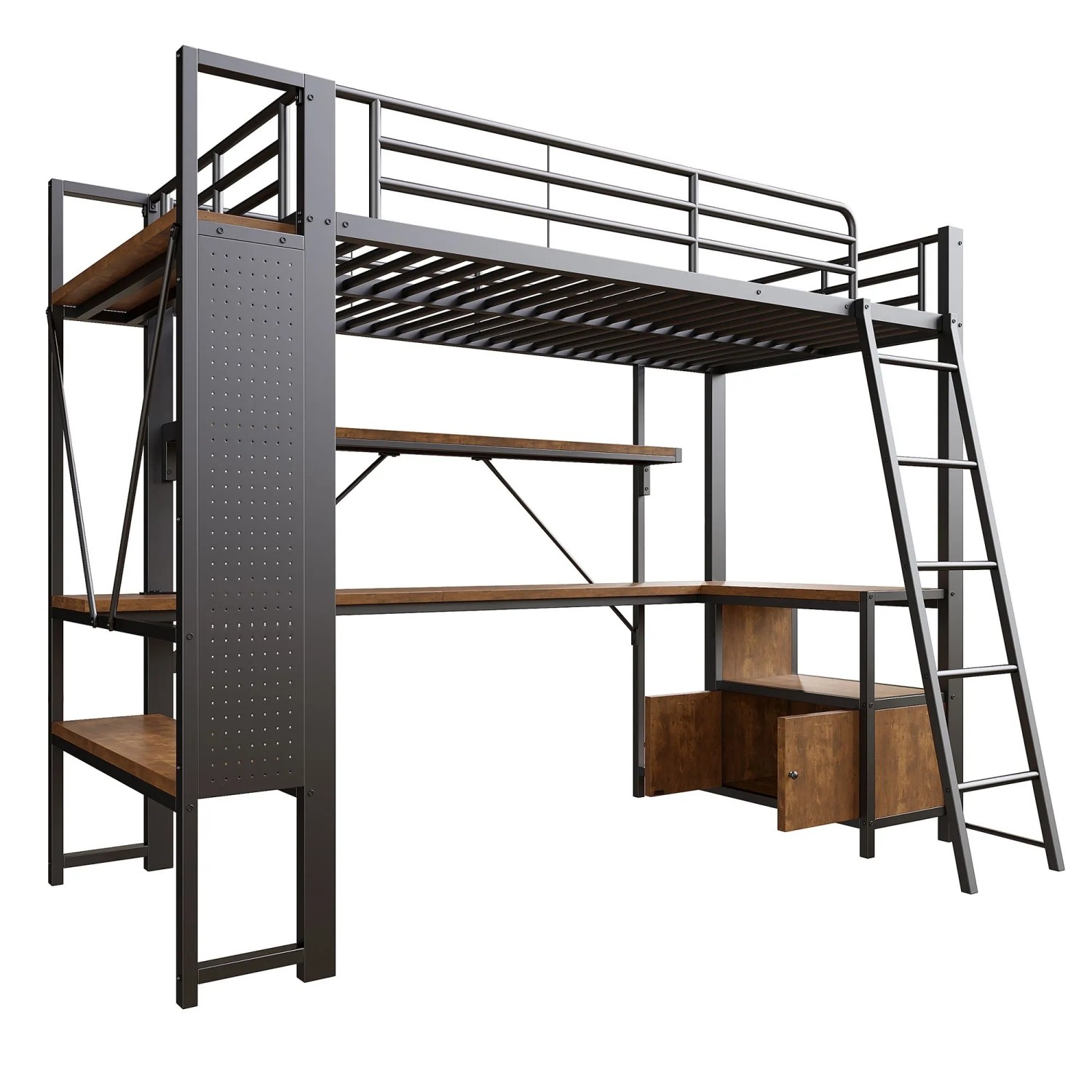 okwish Metall Hochbett 90x200cm mit LED und Lochwand Schwarz ohne Matratze