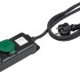 Schwarze 2-fach Steckdosenleiste für Außenbereich mit grünen Schutzdeckeln und Kabel.