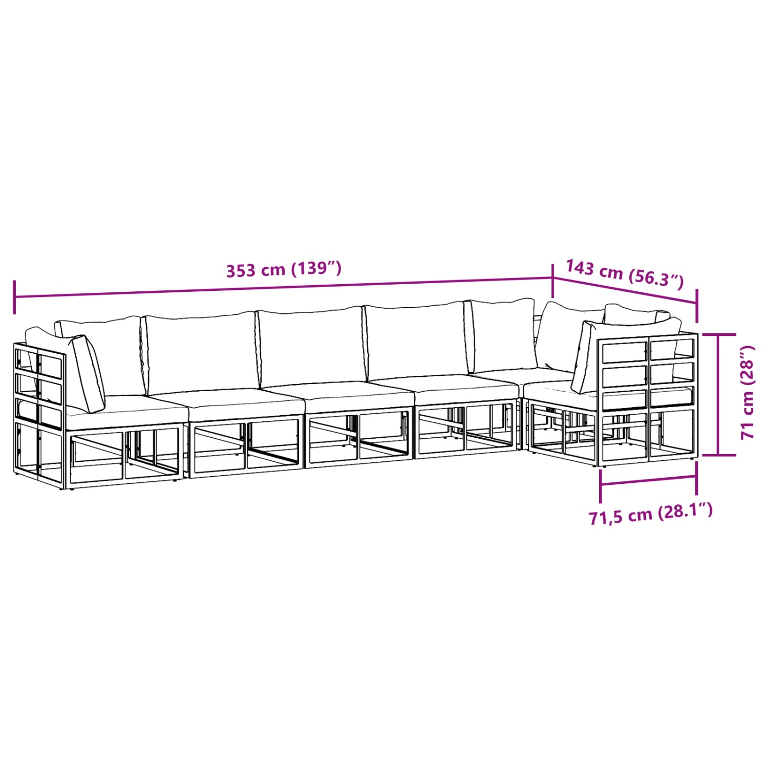 vidaXL Garten-Sofa-Set, 6-teilig, Schwarz, Aluminium, mit Maßen. Ideal für Garten und Terrasse.
