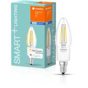 Ledvance Smart+ Bluetooth LED-Lampe in Kerzenform mit klarem Filament und E14-Sockel.