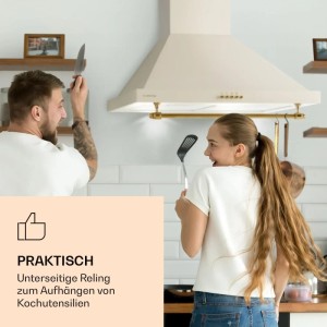Cremefarbene Klarstein Montblanc 60 Wandhaube mit goldener Reling für Küchenutensilien. Praktische Dunstabzugshaube.
