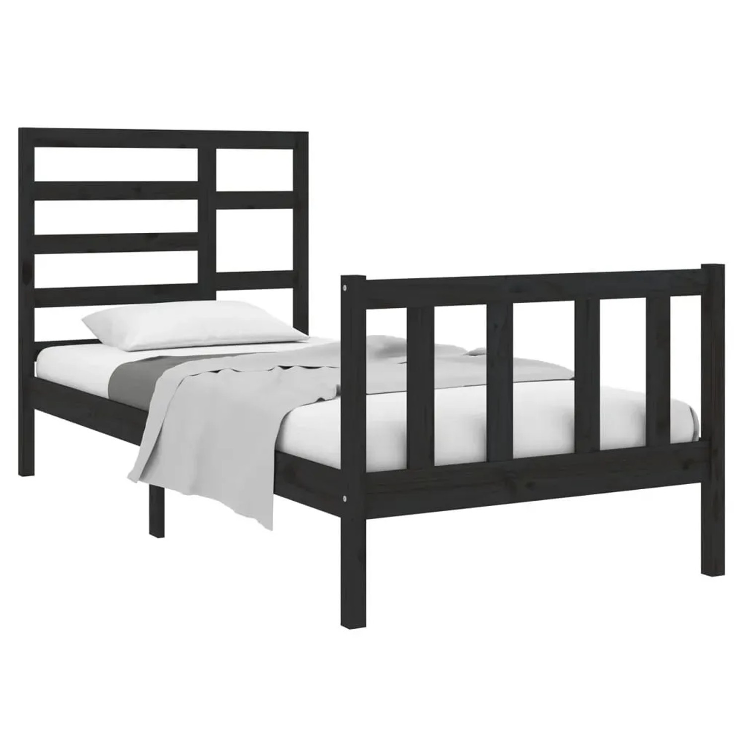 Schwarzes Massivholzbett 75x190 cm, Kiefernholz, Lattenrost, Einzelbett für Jugendzimmer oder Gästezimmer.