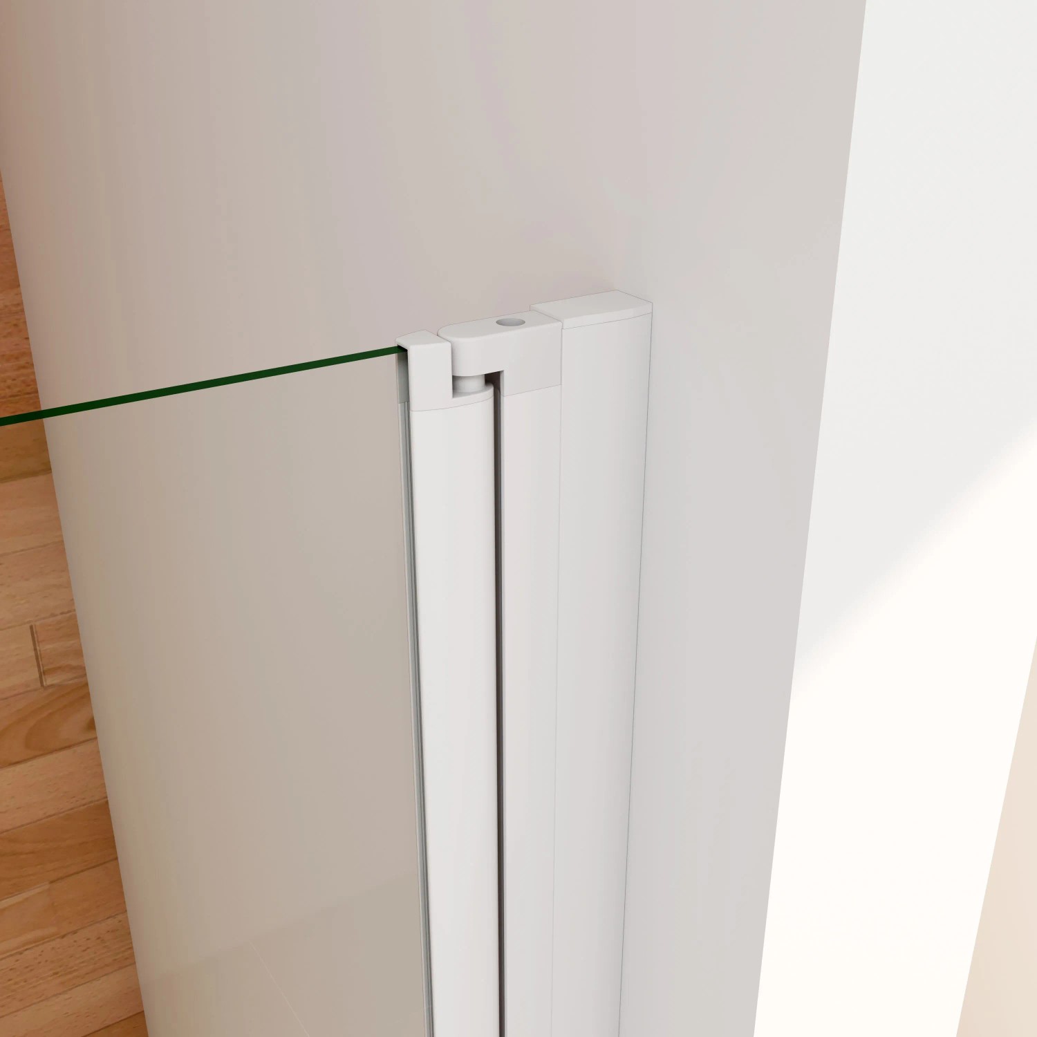 Detailaufnahme: Mattgraue AICA Doppeltür Dusche mit Pendeltür und Sicherheitsglas.