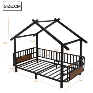 Schwarzes Metall Hausbett 90x200 cm mit Dachkonstruktion, Sicherheitsgitter und Lattenrost. Robustes Kinderbettgestell.