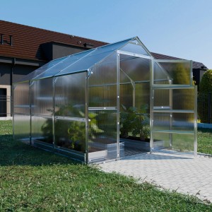 Klasika Bernard Gewächshaus 2,35x3m mit Polycarbonat, offene Tür, Pflanzen im Inneren.