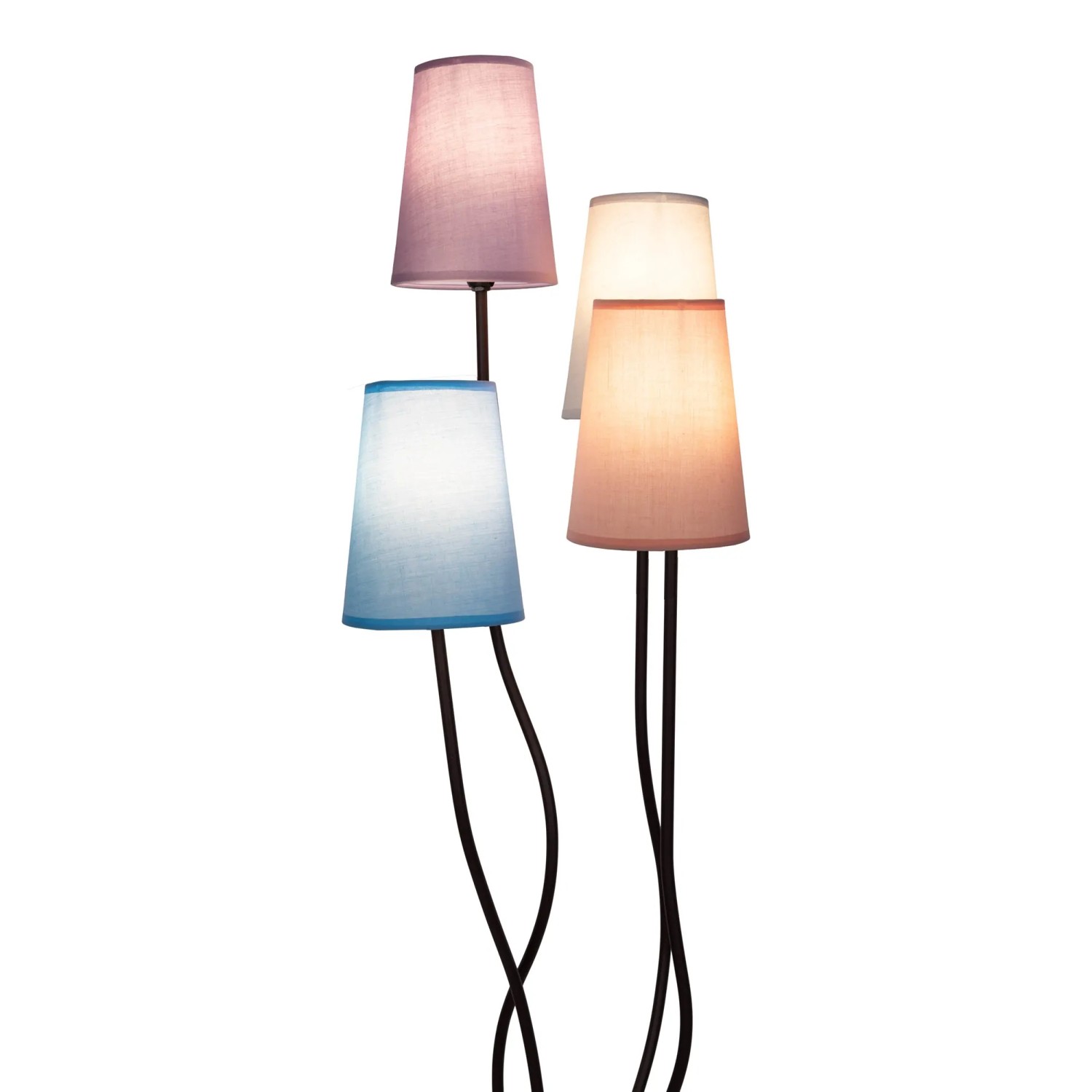 Bunte Näve Boho Stehleuchte mit 4 Lampenschirmen in Blau, Lila, Beige und Terra. Design-Stehlampe für Wohnzimmer.