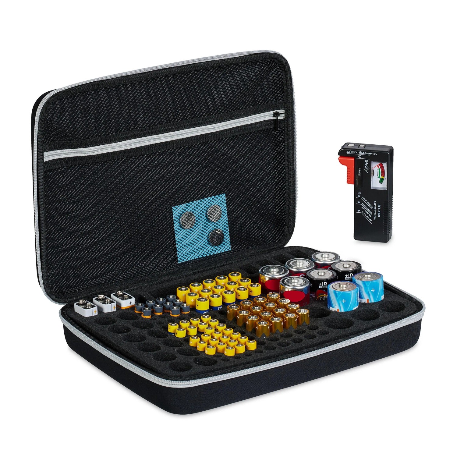 Relaxdays Batteriekoffer Polyester Nylon EVA Schwarz mit Batterietester 24 cm x 34 cm x 8 cm 420 g
