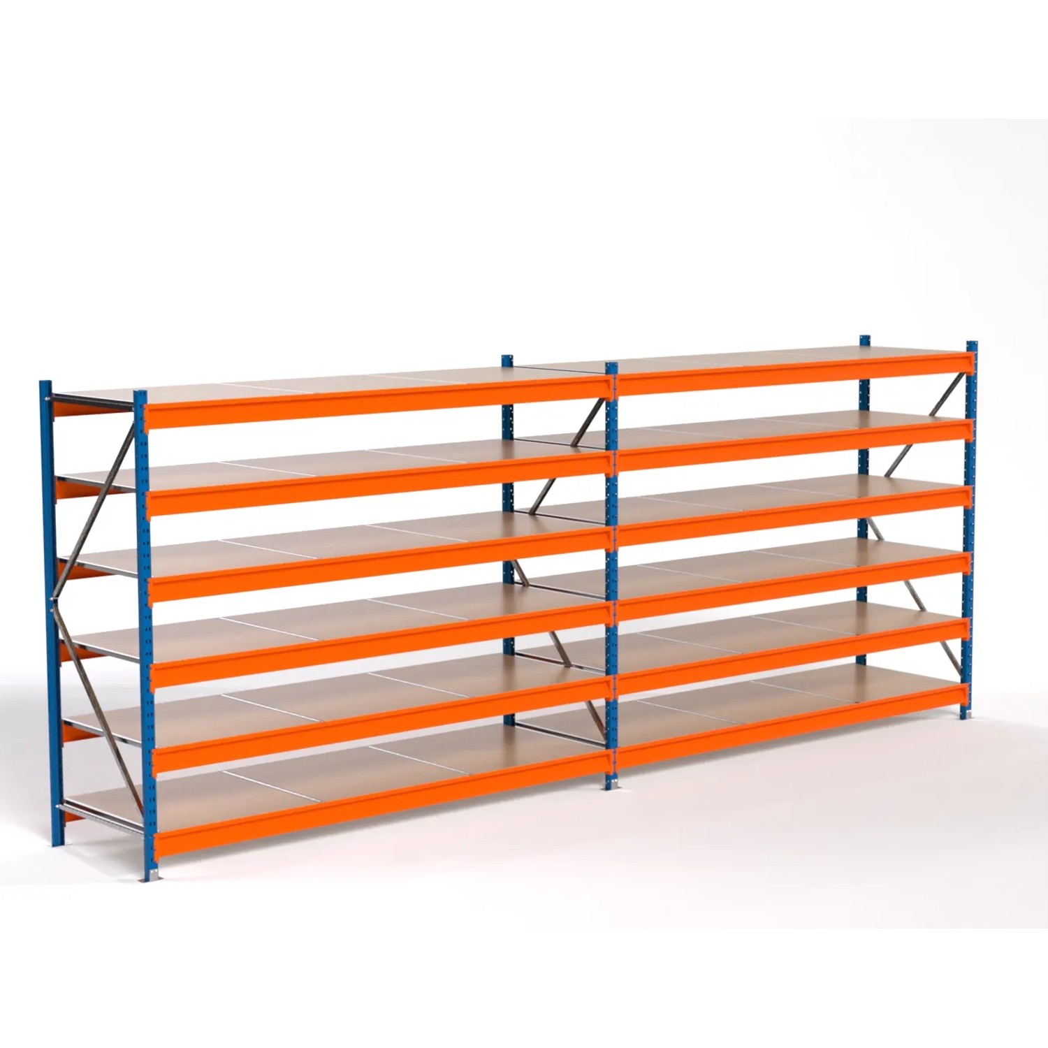 PROREGAL Industrie Weitspannregal Lagerregal MAXIMUS PRO Komplettregal 2 Felder HxBxT 200x500x80cm 6 Spanplatten-Fachboden Fachlast 530kg Blau/Orange