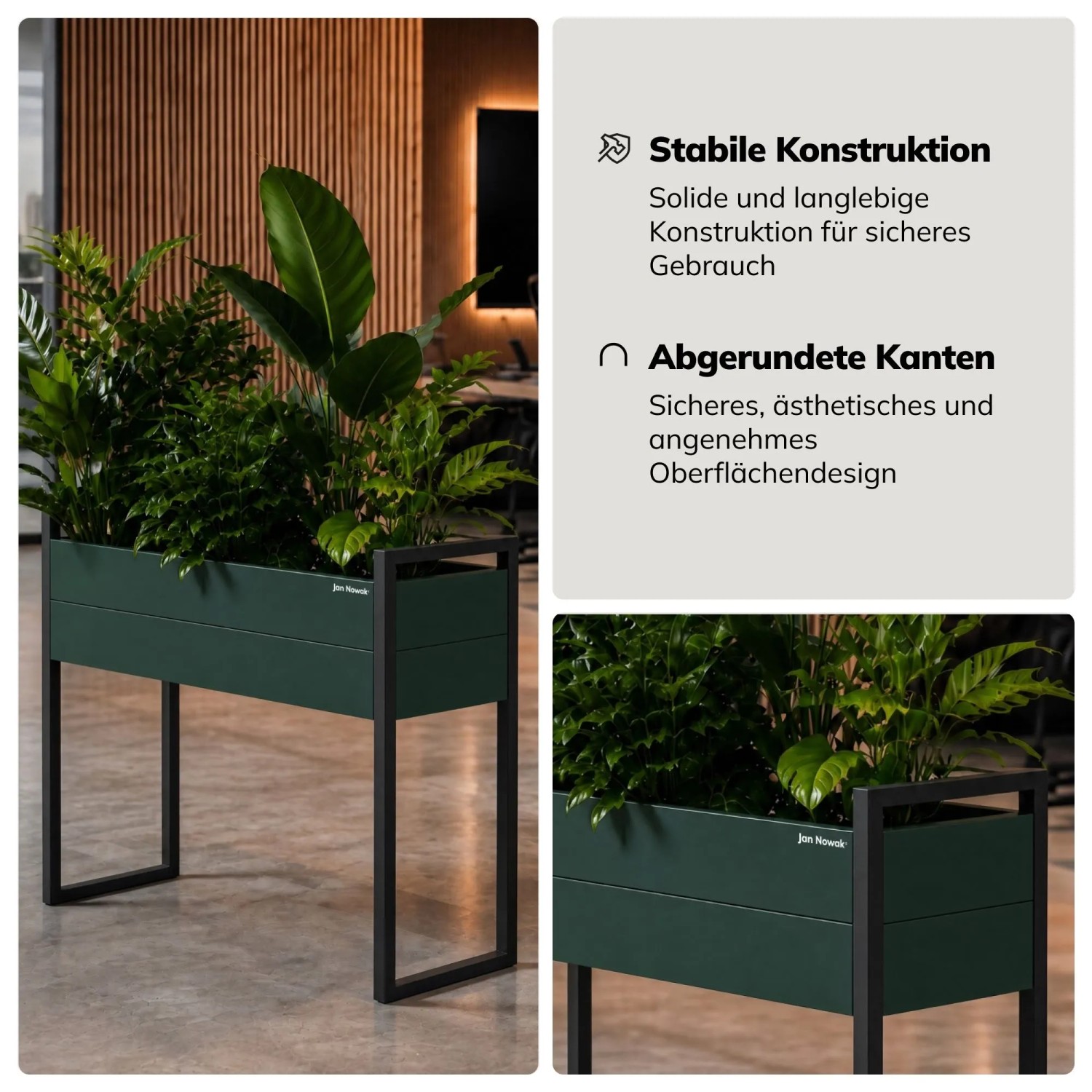 Hoher JAN NOWAK Metall-Blumenkübel in Flaschengrün mit schwarzen Beinen, gefüllt mit grünen Pflanzen. Stabil, abgerundete Kanten.